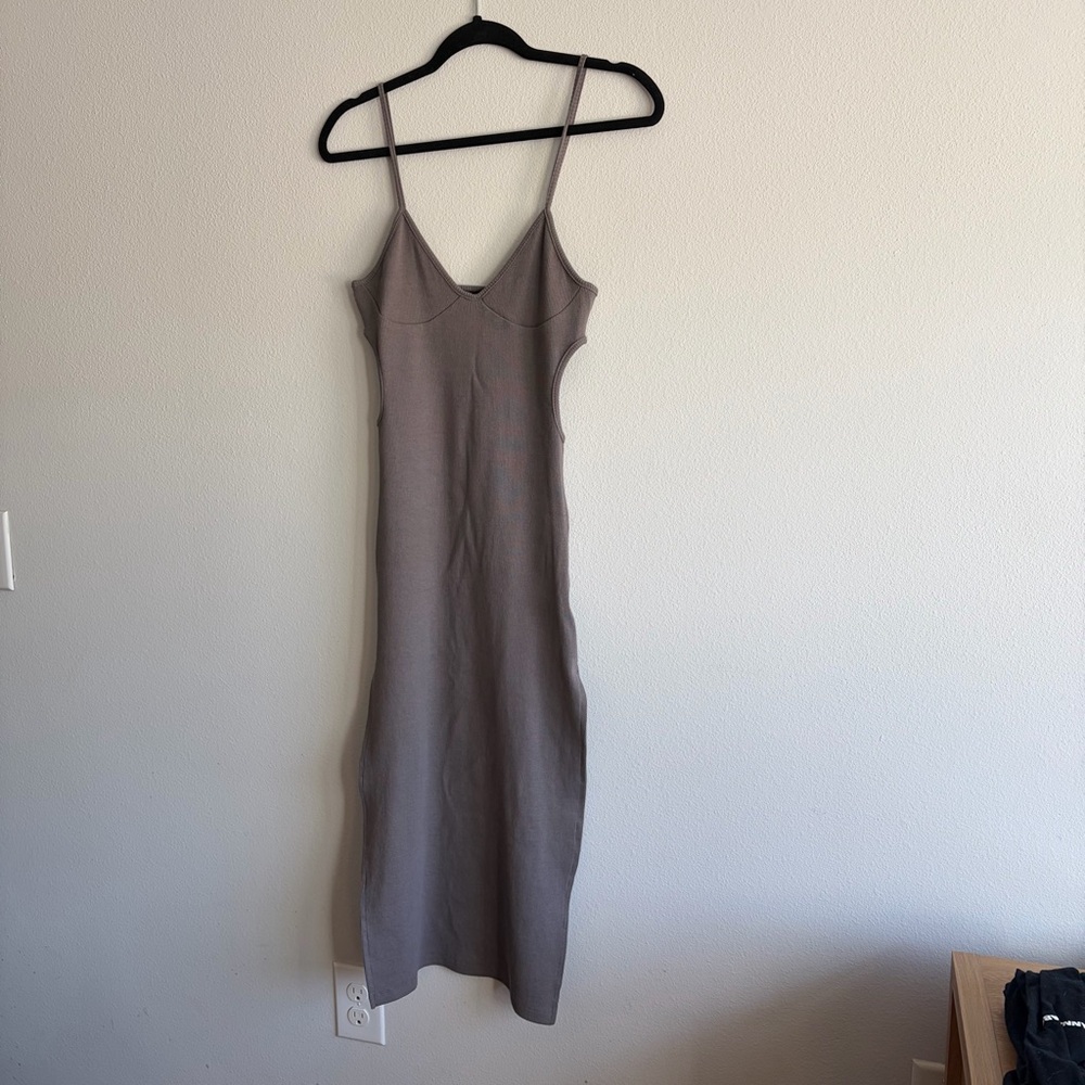 PrettyLittleThing Gray Slip Midi‎ Dress with Spaghetti Straps